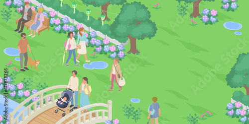 梅雨の紫陽花と人々の生活風景(街並み、町並み)のベクターイラスト　バナー(アイソメトリック、アイソメ)