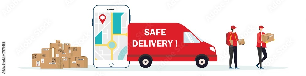 Safe delivery. Delivery by truck. A courier wearing a medical mask delivers a parcel to quarantine. Safe delivery concept with social distance. Vector illustration Safe delivery. Delivery by truck. A courier wearing a medical mask delivers a parcel to quarantine. Safe delivery concept with social distance. Vector illustration