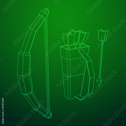Medieval Bow and arrow archer weapon. Wireframe low poly mesh vector illustration.
