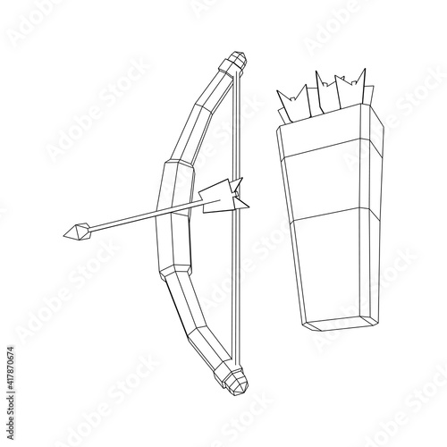 Medieval Bow and arrow archer weapon. Wireframe low poly mesh vector illustration.