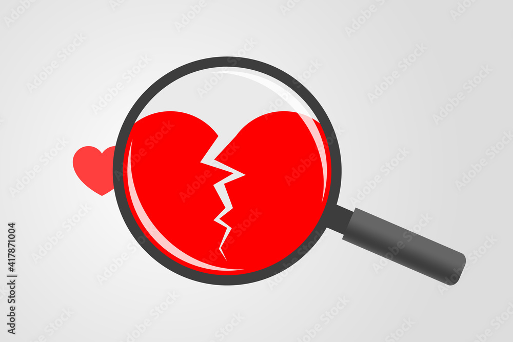Magnifying glass above with cracked heart symbol inside it Magnifying glass above with cracked heart symbol inside it