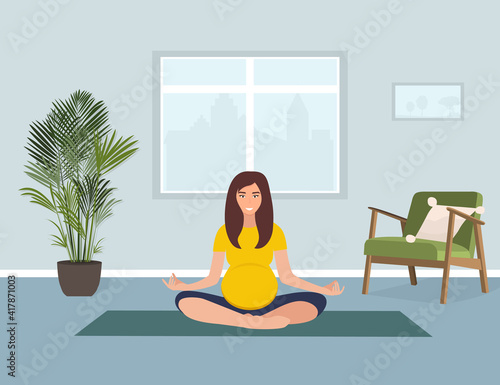 Workout for pregnant concept. Simple image of a pregnant woman in yellow and blue clothing doing easy exercises at home on the mat