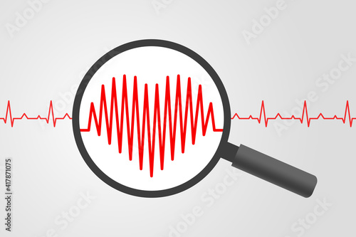 Heartbeat chart and magnifying glass above with heart symbol inside it