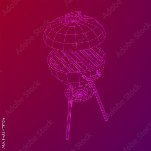 Round barbecue grill. Outdoor bbq party. Wireframe low poly mesh vector illustration