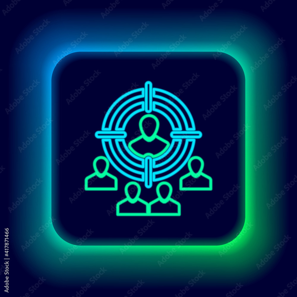 Glowing neon line Marketing target strategy concept icon isolated on black background. Aim with people sign. Colorful outline concept. Vector. Glowing neon line Marketing target strategy concept icon isolated on black background. Aim with people sign. Colorful outline concept. Vector.