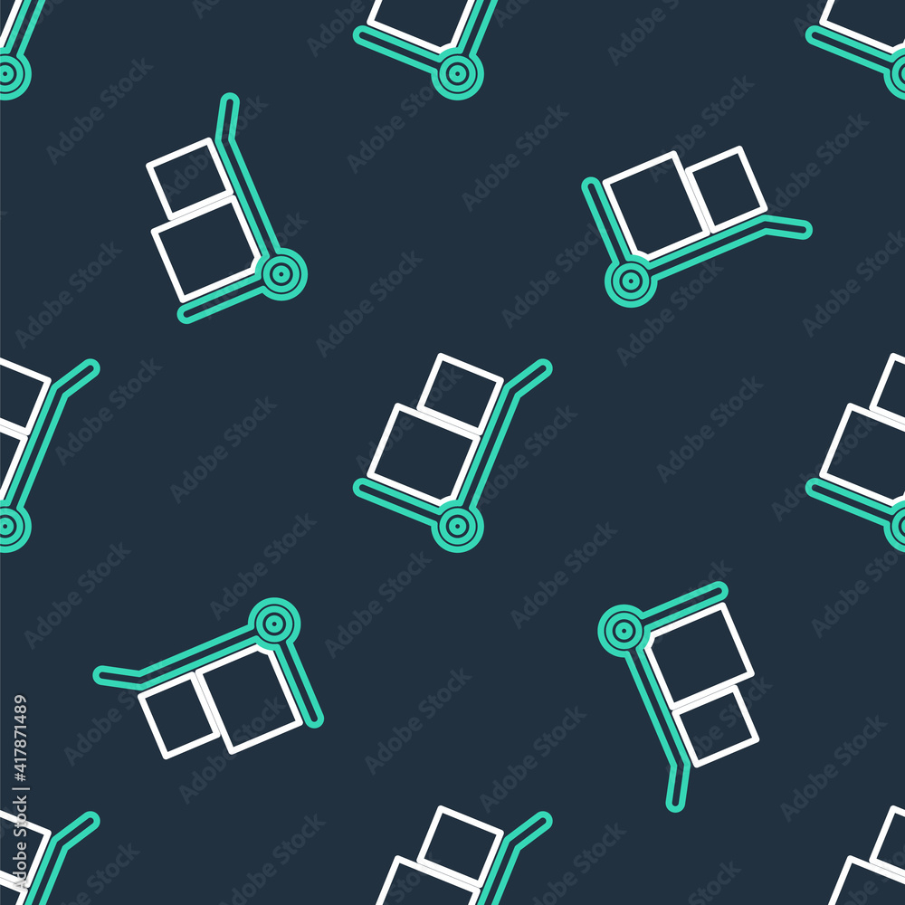 Line Hand truck and boxes icon isolated seamless pattern on black background. Dolly symbol. Vector. Line Hand truck and boxes icon isolated seamless pattern on black background. Dolly symbol. Vector.