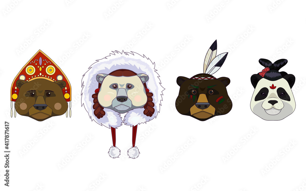 Set of isolated bears in head dressing from different cultures in Cartoon style, vector heads of bears on white isolated background, concept of Wild Animals and Nature, Fashion and Ethical clothes.
