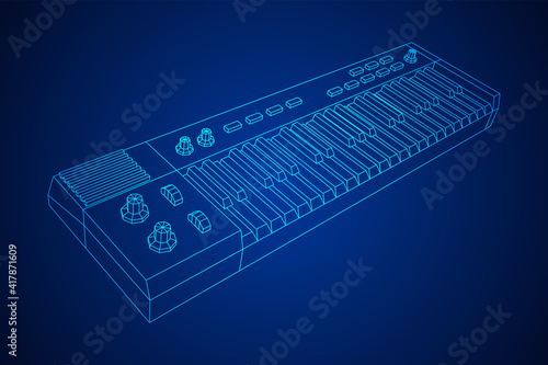 Piano roll analog synthesizer faders buttons knobs. Wireframe low poly mesh vector illustration.