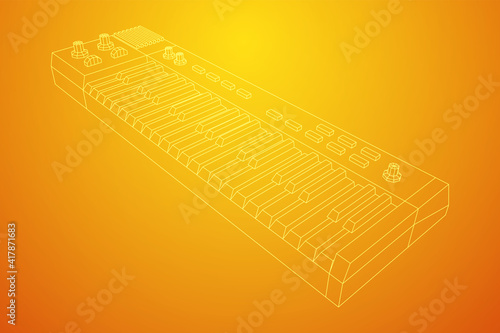 Piano roll analog synthesizer faders buttons knobs. Wireframe low poly mesh vector illustration.