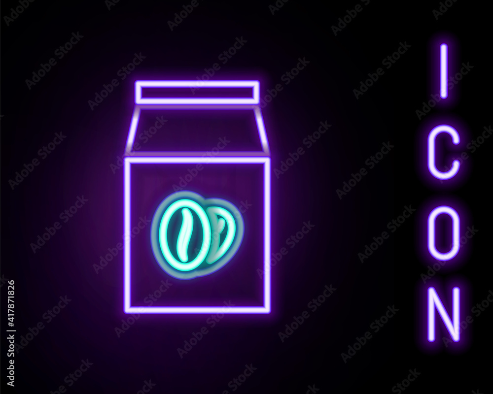 Glowing neon line Coffee beans in bag icon isolated on black background. Colorful outline concept. Vector. Glowing neon line Coffee beans in bag icon isolated on black background. Colorful outline concept. Vector.