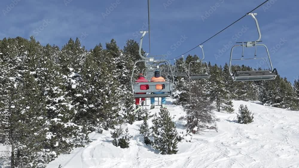 Smooth traveling of the route between snowy trees of the Baqueira Beret lift, in Pyrenees. On a sunny powder day. Smooth traveling of the route between snowy trees of the Baqueira Beret lift, in Pyrenees. On a sunny powder day.