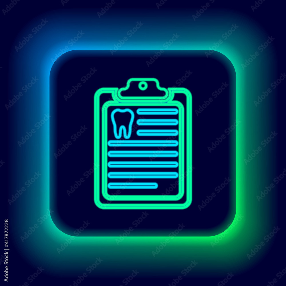 Glowing neon line Clipboard with dental card or patient medical records icon isolated on black background. Dental insurance. Dental clinic report. Colorful outline concept. Vector. Glowing neon line Clipboard with dental card or patient medical records icon isolated on black background. Dental insurance. Dental clinic report. Colorful outline concept. Vector.