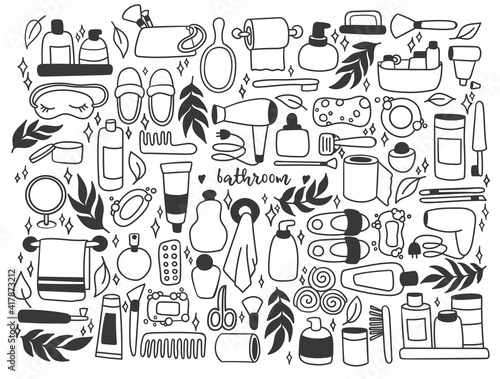 Hand drawn set of Bathroom doodles related icons set. Vector illustration home bath symbols collection Cartoon elements on white background.  Illustration of bathroom tools for hygiene