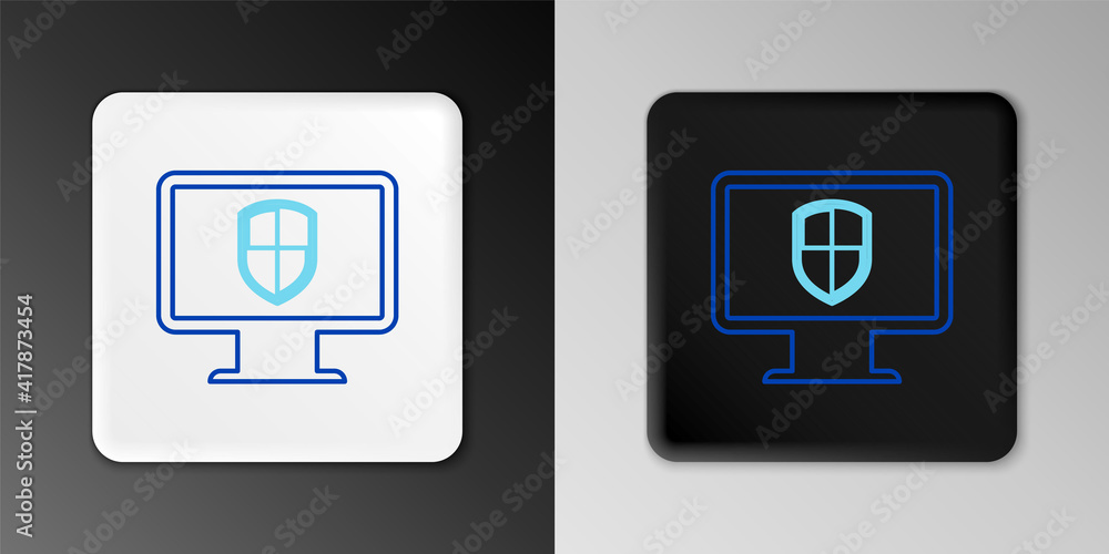 Line Monitor and shield icon isolated on grey background. Computer security, firewall technology, internet privacy safety or antivirus. Colorful outline concept. Vector.