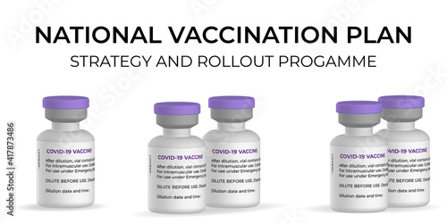 National Vaccination Plan. The strategy and rollout plan. A few bottles of COVID-19 vaccine with text on top.