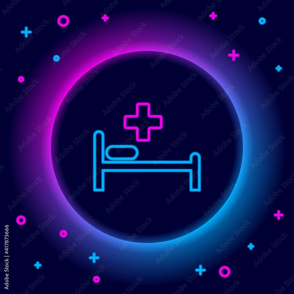 Fototapeta premium Glowing neon line Hospital bed with Medical symbol of the Emergency - Star of Life icon isolated on black background. Colorful outline concept. Vector.