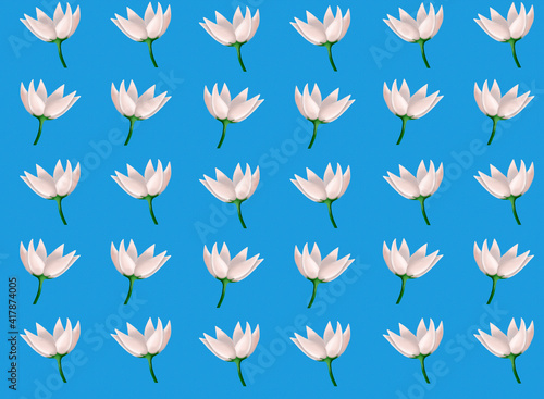 Seamless pattern pale rose and white flowers on light blue canvas background. Spring pattern.