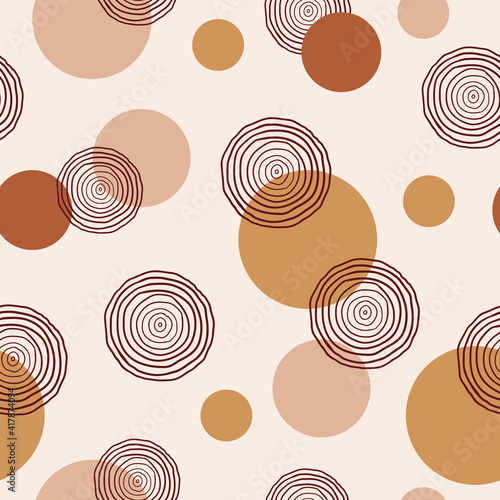 Modern abstract seamless pattern with geometric circles and circles of  lines on pastel background.  Trendy vector design for paper, cover, fabric, textile, wallpaper, interior decor. 