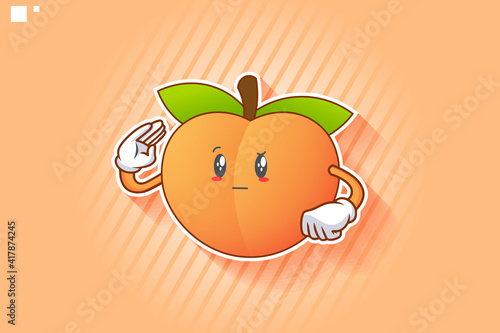 REALLY, ATTENTIVE, CURIOS Face Emotion. Salute, Respect Hand Gesture. Peach Fruit Cartoon Drawing Mascot Illustration.