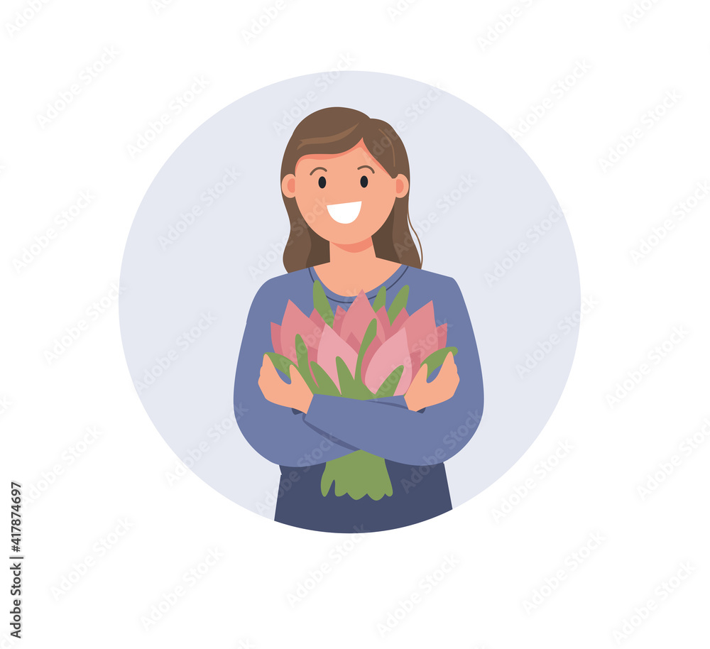 Female holding bouquet of tulips. Women's day. Cartoon illustration. Female holding bouquet of tulips. Women's day. Cartoon illustration.