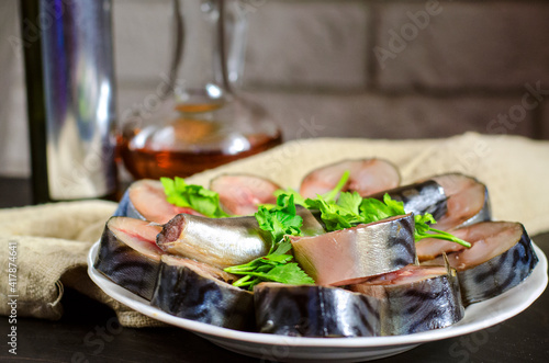 Sliced lightly salted pickled Atlantic mackerel
