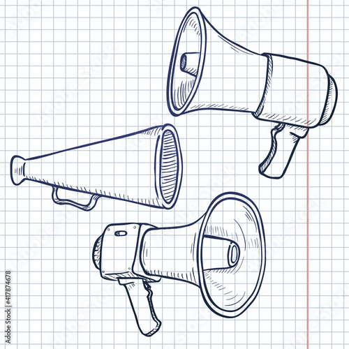 Vector Set of Sketch Megaphones and Loudspeakers on Checkered Background