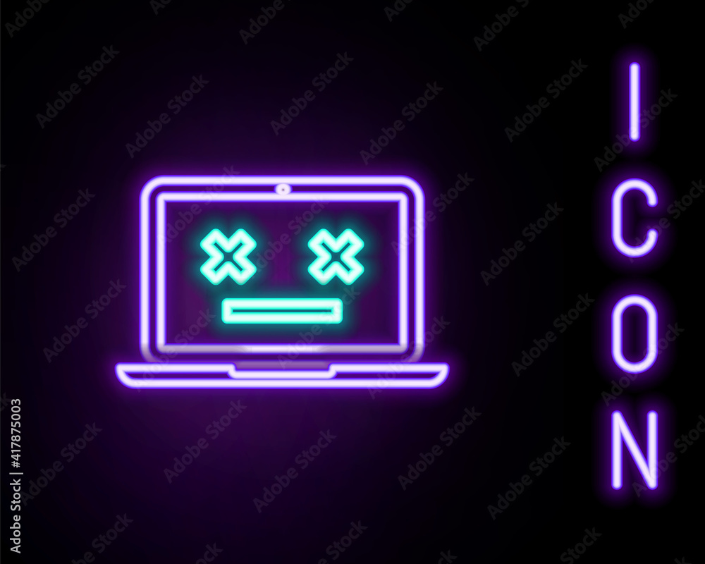 Glowing neon line Dead laptop icon isolated on black background. 404 error like laptop with dead emoji. Fatal error in pc system. Colorful outline concept. Vector. Glowing neon line Dead laptop icon isolated on black background. 404 error like laptop with dead emoji. Fatal error in pc system. Colorful outline concept. Vector.