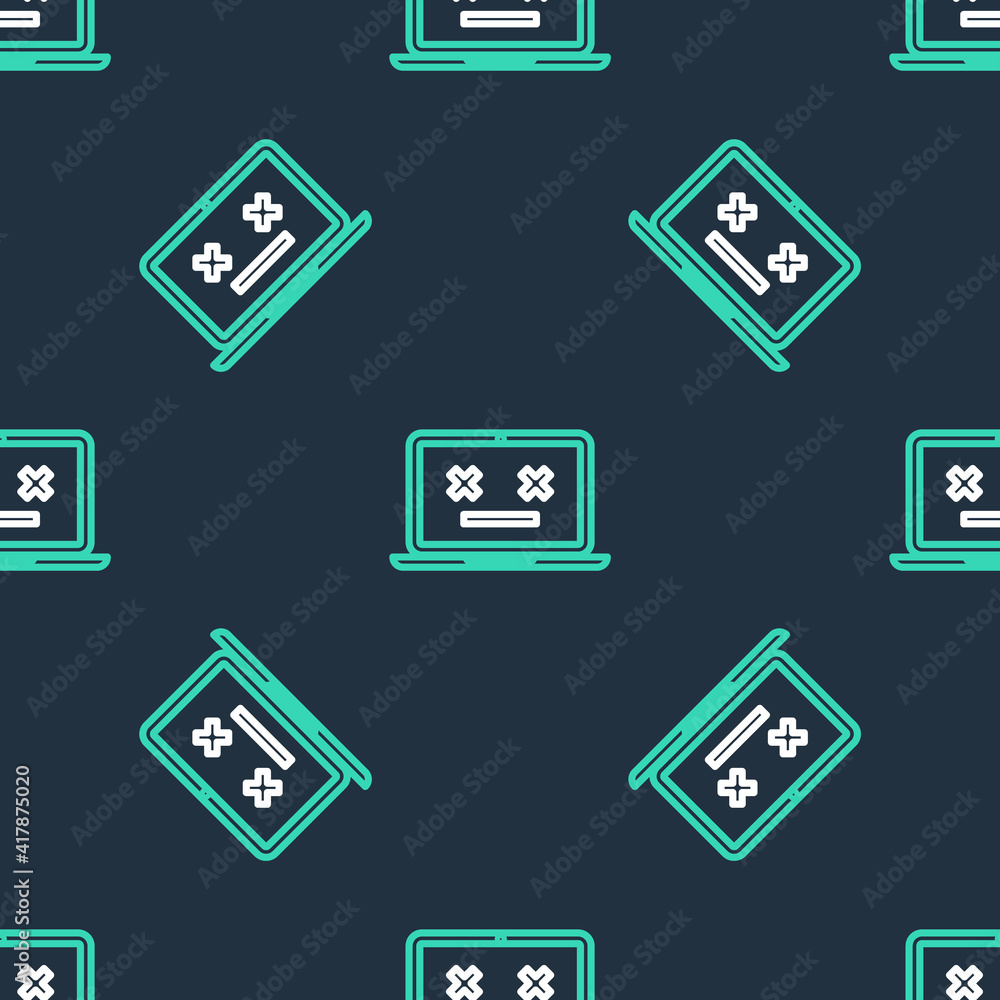 Line Dead laptop icon isolated seamless pattern on black background. 404 error like laptop with dead emoji. Fatal error in pc system. Vector.