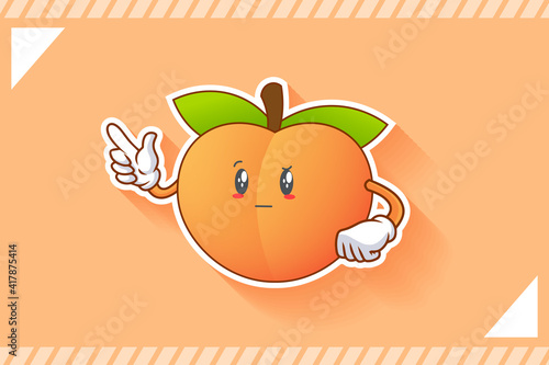 REALLY, ATTENTIVE, CURIOS Face Emotion. Forefinger Handgun Gesture. Peach Fruit Cartoon Drawing Mascot Illustration.