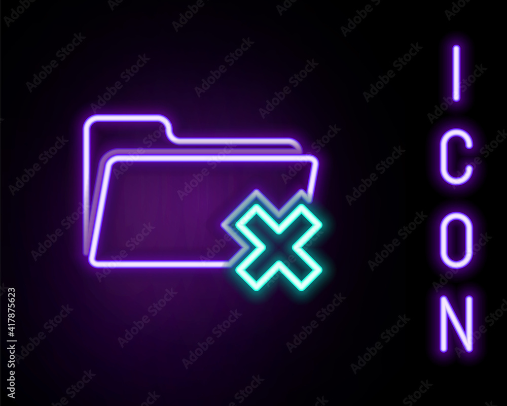 Glowing neon line Delete folder icon isolated on black background. Folder with recycle bin. Delete or error folder. Close computer information folder. Colorful outline concept. Vector. Glowing neon line Delete folder icon isolated on black background. Folder with recycle bin. Delete or error folder. Close computer information folder. Colorful outline concept. Vector.