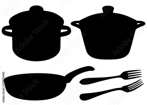 A set of pots, pans and forks for the kitchen.