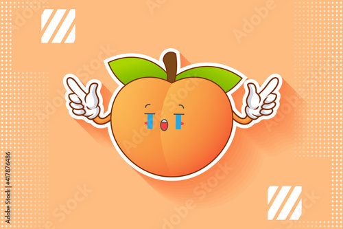 CRYING, SAD, SOB, CRY Face Emotion. Double Forefinger Handgun Gesture. Peach Fruit Cartoon Drawing Mascot Illustration.