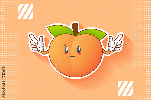REALLY, ATTENTIVE, CURIOS Face Emotion. Double Forefinger Handgun Gesture. Peach Fruit Cartoon Drawing Mascot Illustration.