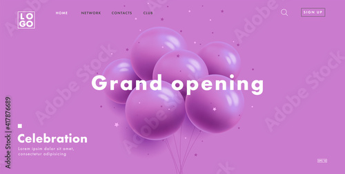grand opening web banner with bunch of round purple air balloons on purple background, modern style landing page design photo
