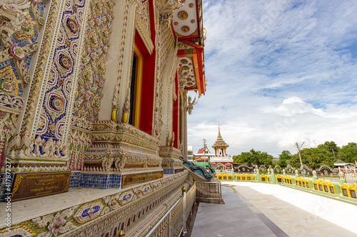 Mosaic Ceramic Abstract Wall In Wat Bang lamung Thai Temple,Beautiful detail of traditional Thai art decorated made from ceramic tile ,Art of borken mosaic interior and decorate at Banglamung Temple ,