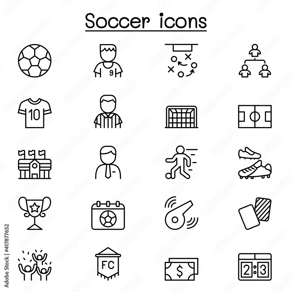 Soccer, football icon set in thin line style Soccer, football icon set in thin line style