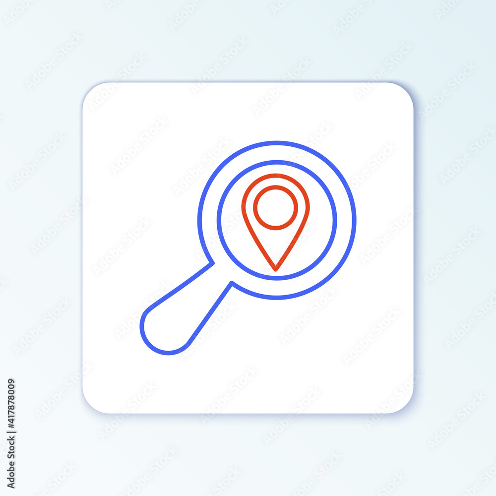Line Search location icon isolated on white background. Magnifying glass with pointer sign. Colorful outline concept. Vector. Line Search location icon isolated on white background. Magnifying glass with pointer sign. Colorful outline concept. Vector.