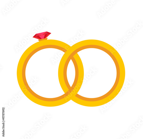 Gold wedding two rings vector isolated flat cartoon icon, golden circle round bridal or engagement ring with diamond, just married symbol clipart modern design