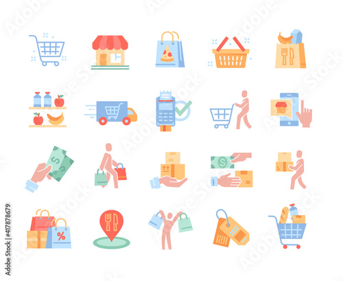 Colored icons set for restaurant and food delivery