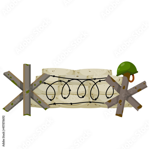 Military barricade of sandbags. Fortified firing point. Defense construction. Modern warfare. The wall of the bag. Outpost and barrier. Protective anti-tank obstacle.