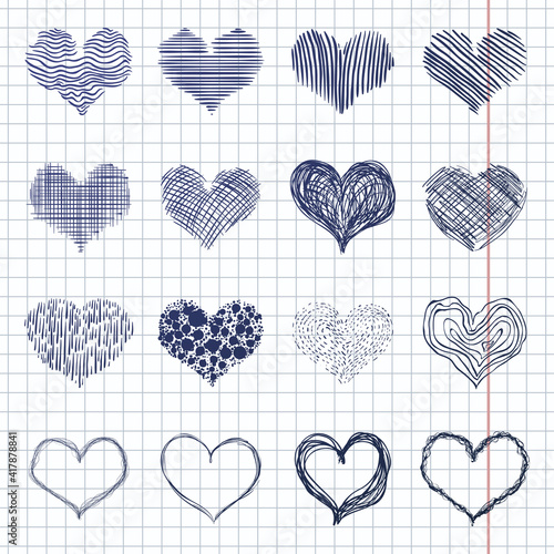 Vector Set of Doodle Sketch Hearts. Abstract Love Icons