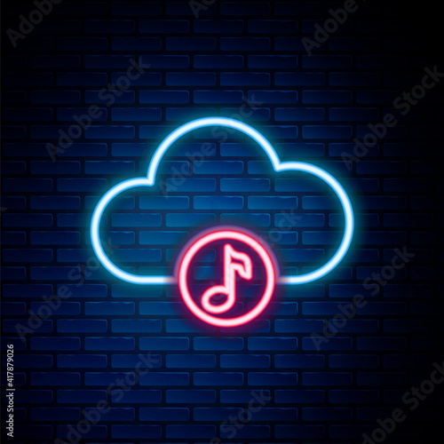 Glowing neon line Music streaming service icon isolated on brick wall background. Sound cloud computing, online media streaming, online song, audio wave. Colorful outline concept. Vector.