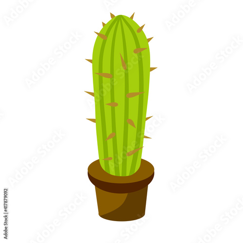 Cactus in a pot. House plant. Green succulent. Flat cartoon illustration isolated on white background