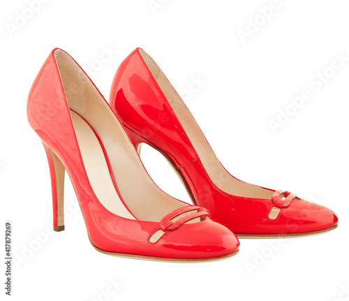 Red women's shoe on high heel, view from side
