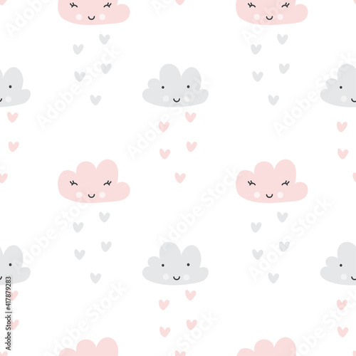 Wallpaper Mural Scandinavian kid Seamless pattern. Face Clouds and rain hearts texture. Minimalistic baby background. White, blue, pink nordic colors. Cute baby style textile fabric cartoon ornament Torontodigital.ca