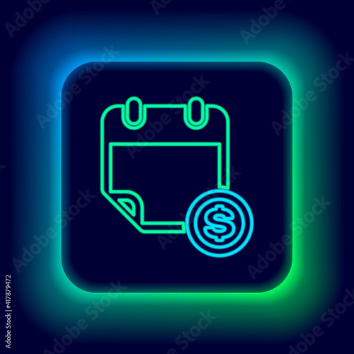 Glowing neon line Financial calendar icon isolated on black background. Annual payment day, monthly budget planning, fixed period concept, loan duration. Colorful outline concept. Vector.
