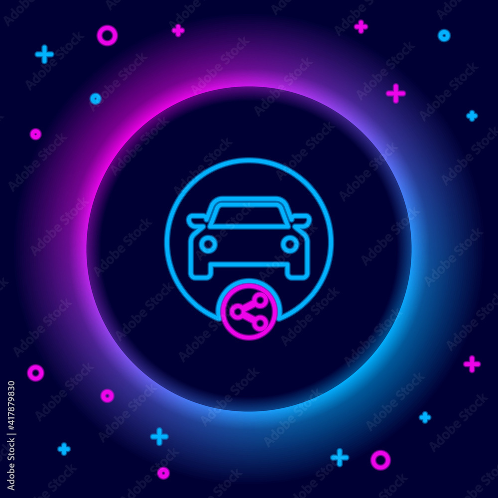 Glowing neon line Car sharing icon isolated on black background. Carsharing sign. Transport renting service concept. Colorful outline concept. Vector. Glowing neon line Car sharing icon isolated on black background. Carsharing sign. Transport renting service concept. Colorful outline concept. Vector.