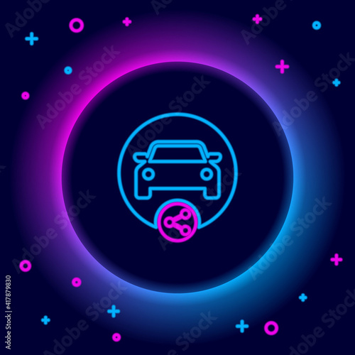 Glowing neon line Car sharing icon isolated on black background. Carsharing sign. Transport renting service concept. Colorful outline concept. Vector.