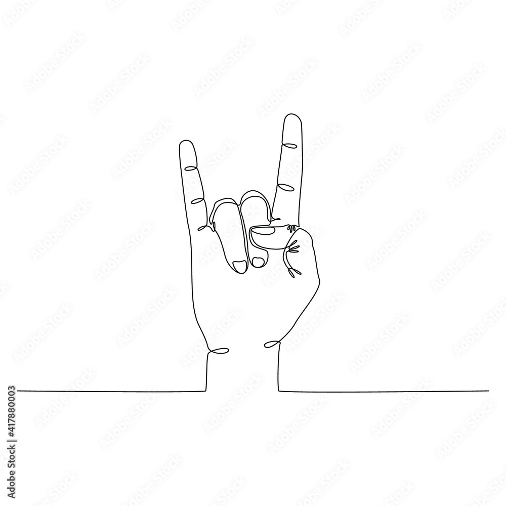 continuous line drawing of a hand with rock music symbol vector ...