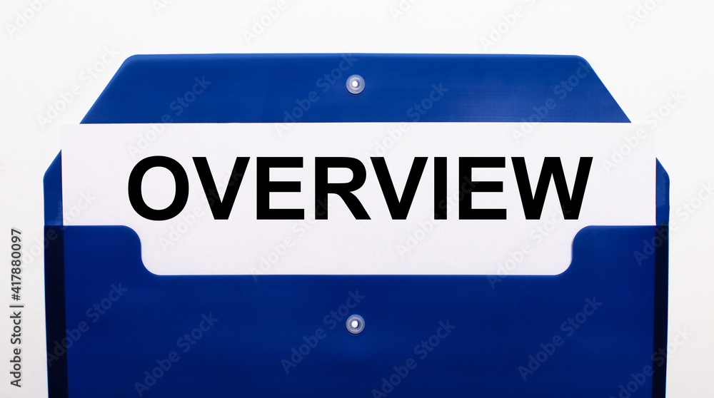 On a white background, a blue folder for papers. In the folder is a sheet of paper with the word OVERVIEW On a white background, a blue folder for papers. In the folder is a sheet of paper with the word OVERVIEW